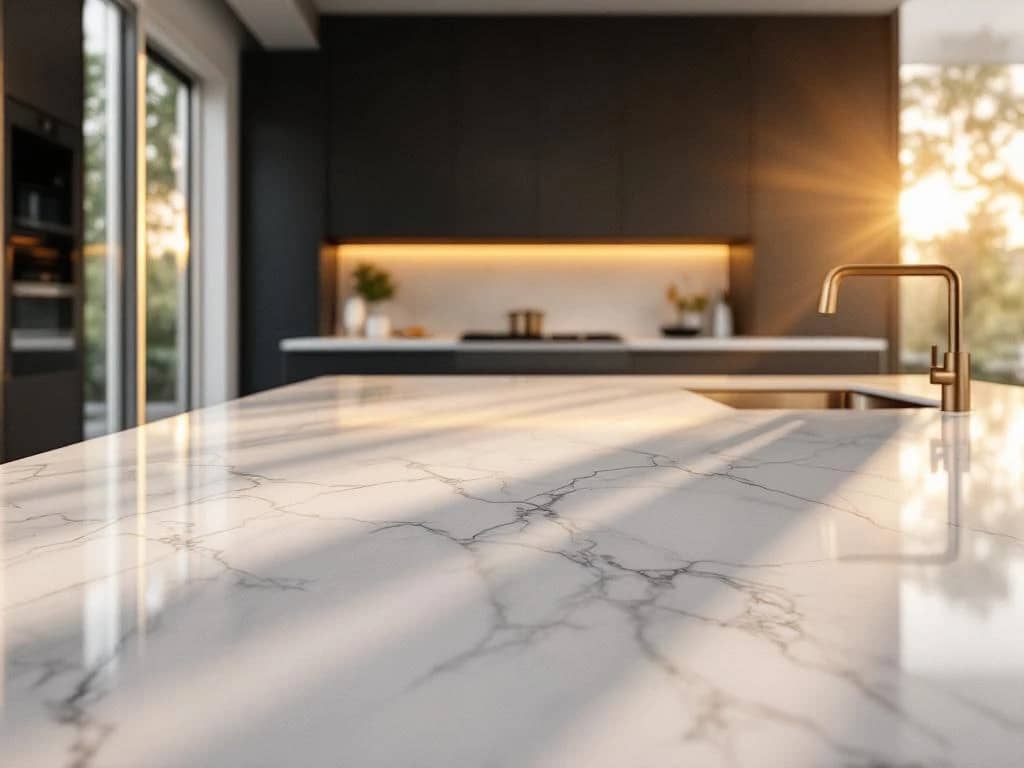Luxe Carrara marmeren keukenblad met aders in gouden zonlicht, met vergelijking van kwarts en keramiek materialen