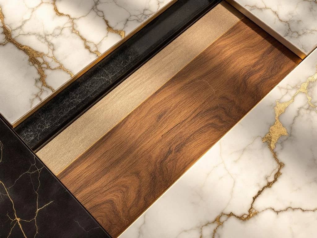 Luxe materialen close-up: Calacatta marmer met goudadering, walnoot hout, gepoetst messing en zwart onyx in warm licht