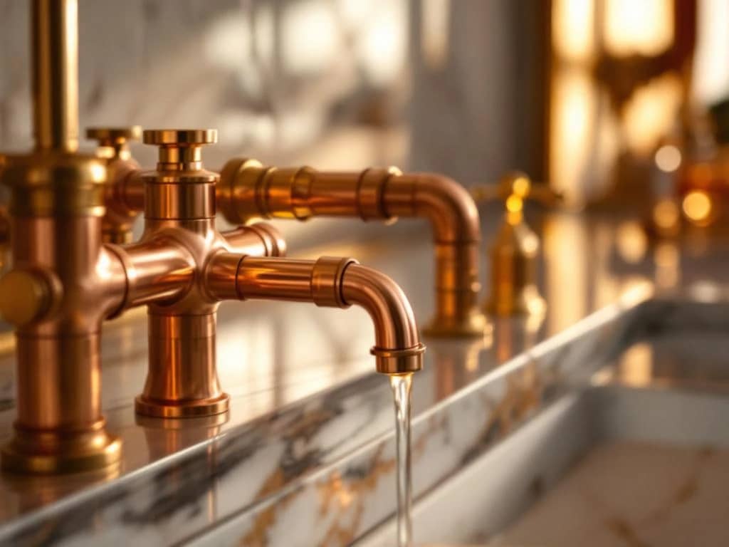 Luxe interieur met gouden koperbuizen, messing hardware en gouden accenten op marmer in warm licht