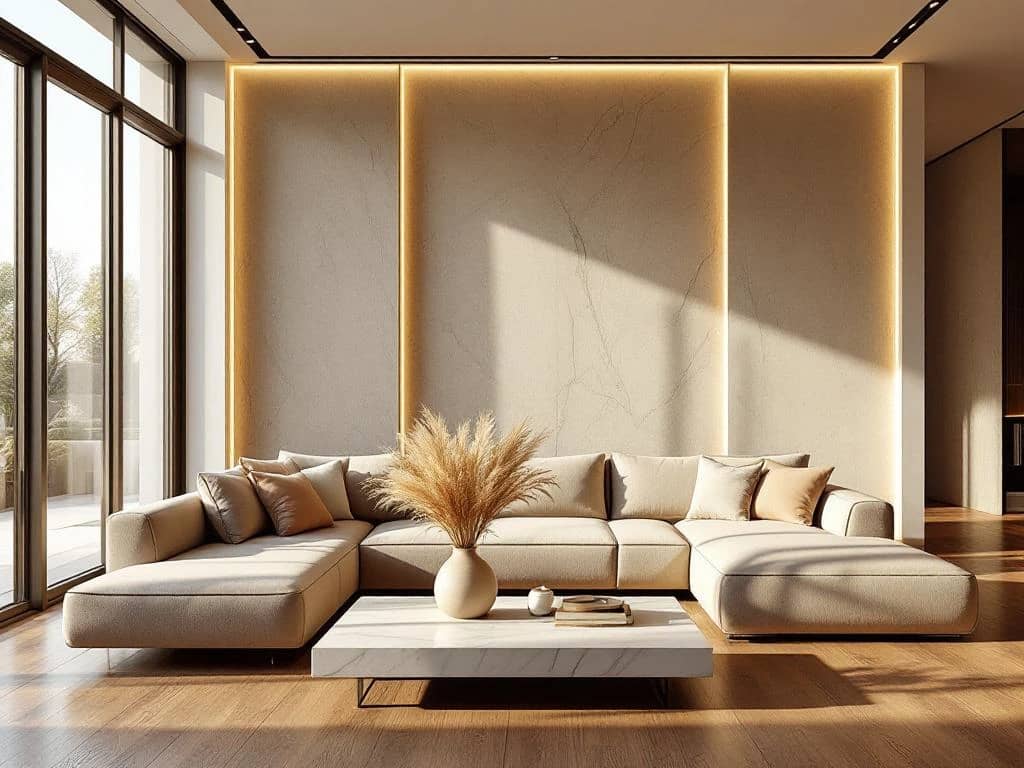 Luxe minimalistische woonkamer met walnotenhout vloer, travertijn muur, beige bank en marmeren salontafel bij gouden uur
