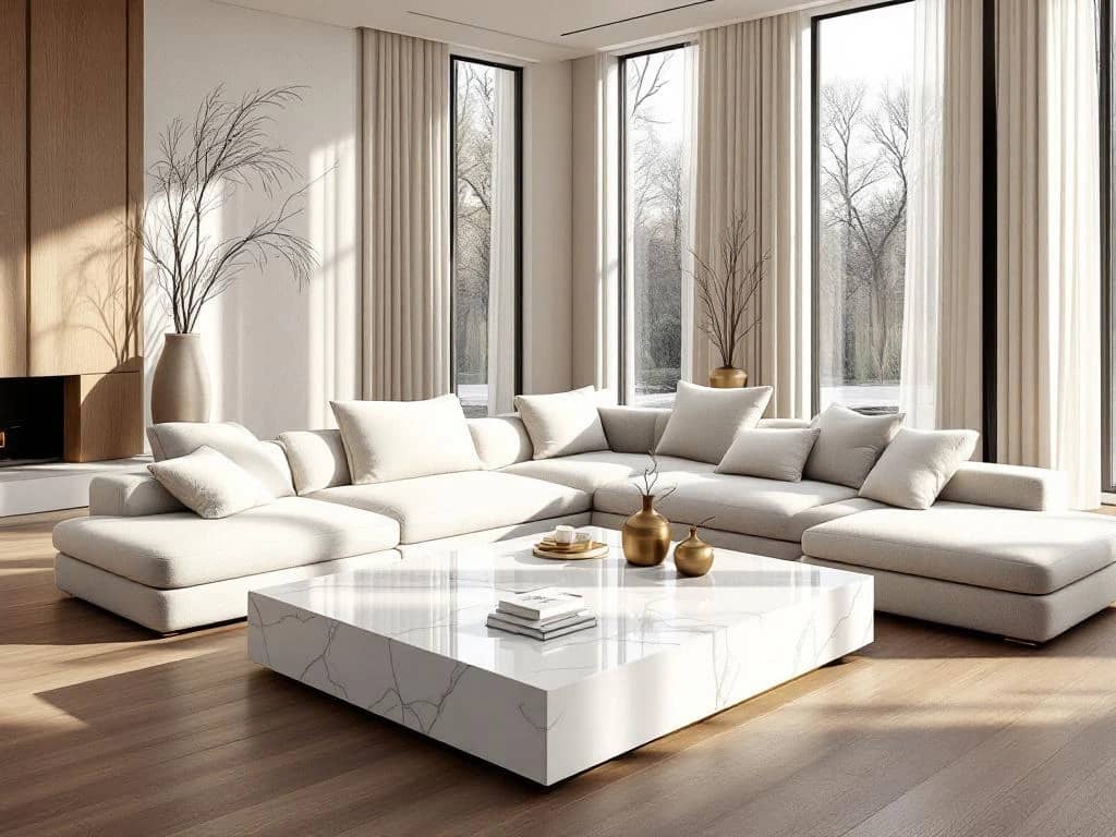 Luxe minimalistische woonkamer met witte marmeren salontafel, crème bank en warme natuurlijke lichtinval