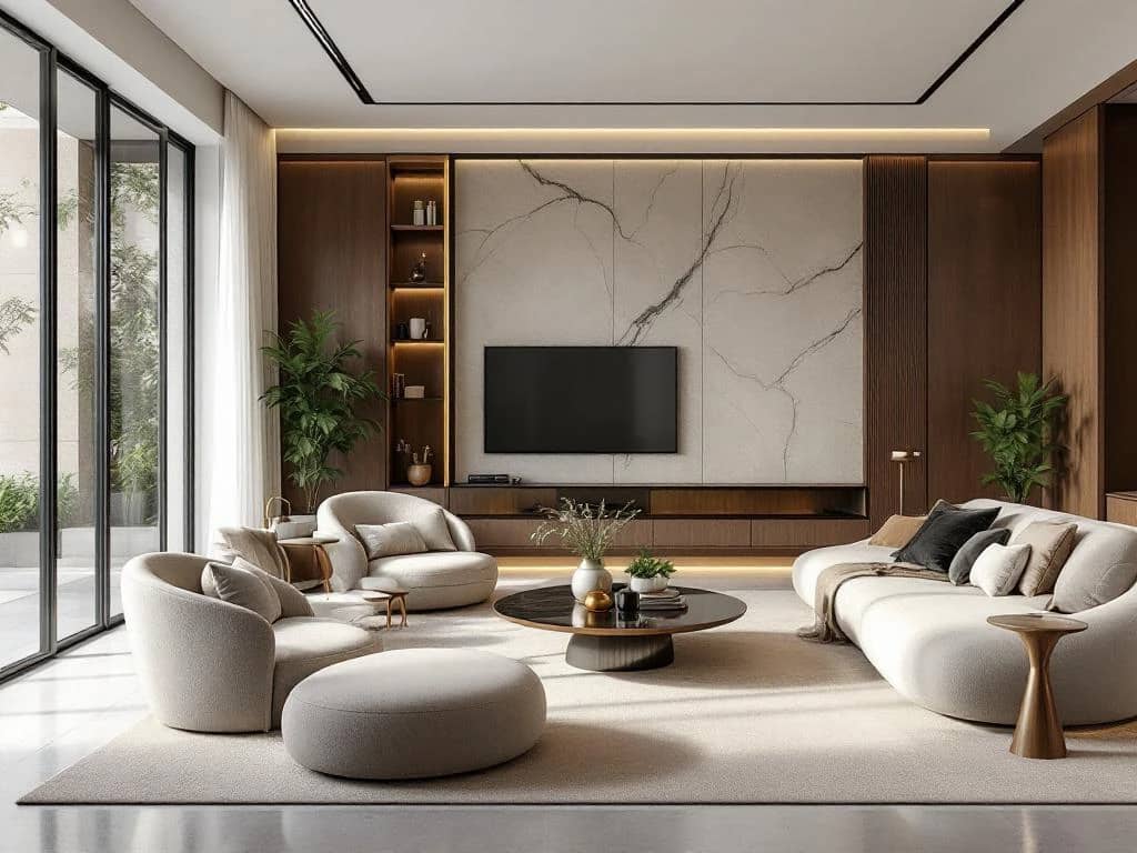 Luxe moderne woonkamer met 2026 designtrends, walnoothout, travertijn steen, bouclé texturen en biofiele elementen