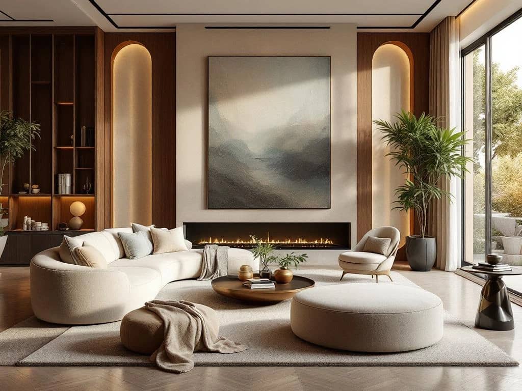 Luxe moderne woonkamer met walnoot panelen, travertijn oppervlakken, bouclé meubels en sculptuurplanten in gouden licht