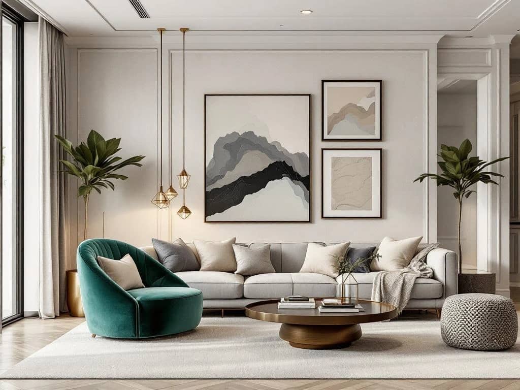 Luxe moderne woonkamer met fluwelen groene stoel, messing verlichting en neutrale tinten in eigentijds interieur