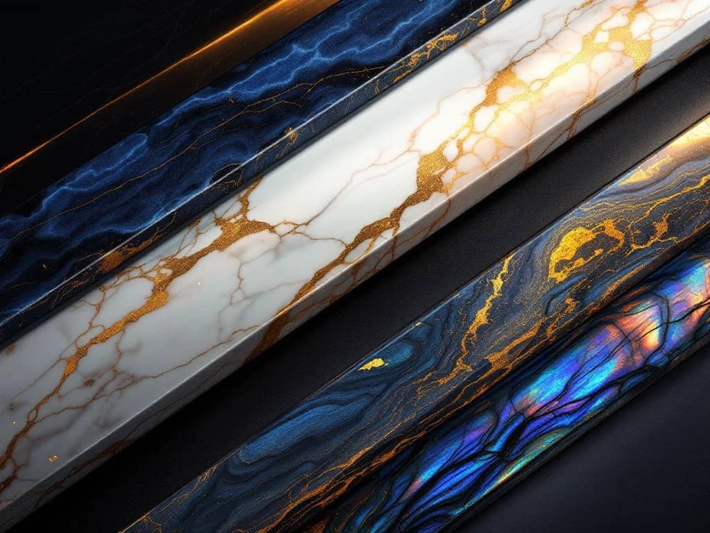Drie luxe natuursteen platen: Calacatta marmer met gouden aders, blauwe Sodaliet en iriserende Labradoriet in studio verlichting
