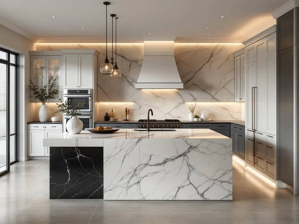 Luxe keuken met witte Carrara marmer, donker graniet, travertijn tegels en kalksteen vloer in natuurlijke tinten