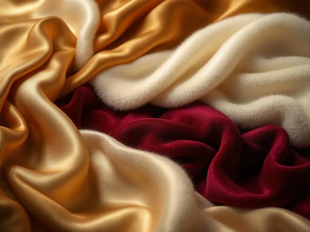 Luxe stoffen close-up met gouden zijde, crème kasjmier, bordeaux fluweel en parelwitte vicuña wol gedrrapeerd