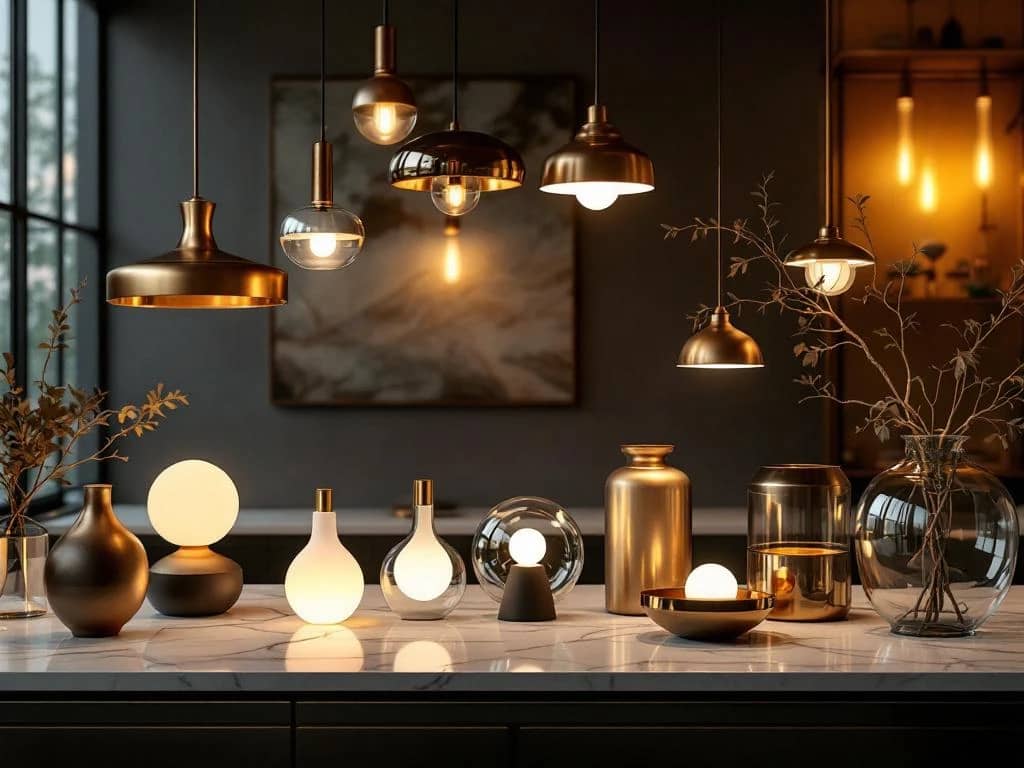 Luxe interieurstudio met designerverlichting: hangende lampen, tafellampen en LED-installaties op marmeren oppervlak