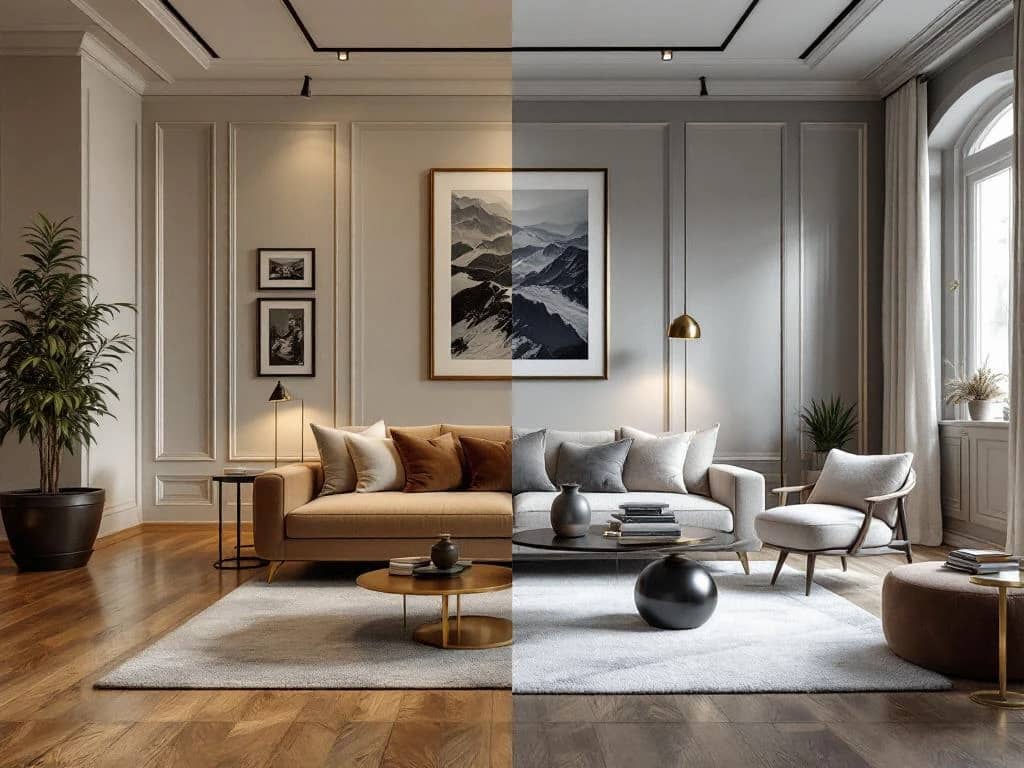 Split-screen vergelijking luxe versus dure interieurontwerpen: links elegant met natuurlijke materialen, rechts opzichtig goud