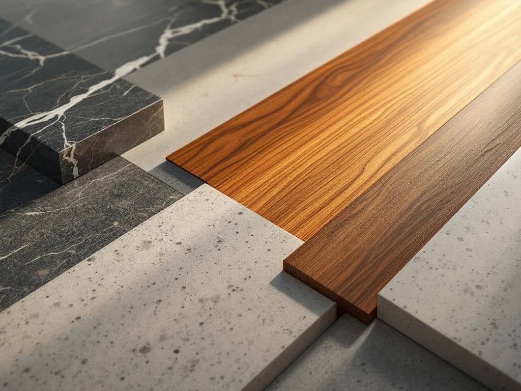 Luxe vloermaterialen in geometrische compositie: marmer met adering, hardhout en terrazzo tegels in moderne setting