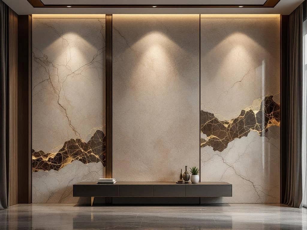 Luxe wandafwerkingen met marmer, hout en decoratief pleisterwerk in moderne interieurruimte met dramatische verlichting