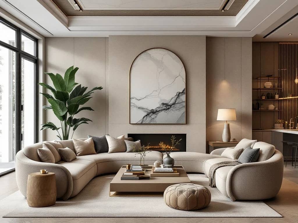 Luxe woonkamer met 2026 interieurtrends, neutrale kleuren, gebogen meubilair en natuurlijke texturen