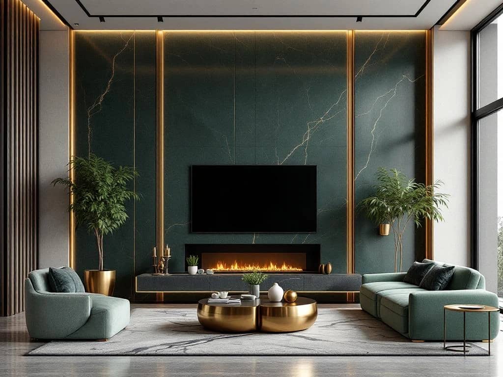 Luxe moderne woonkamer met natuursteen muren, gouden accenten, smaragdgroene tinten en biofiele elementen uit 2026