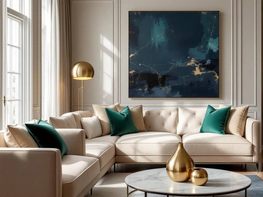 Luxe woonkamer met crème basis, smaragdgroene kussens op fluwelen bank, messing lamp en marineblauw kunstwerk