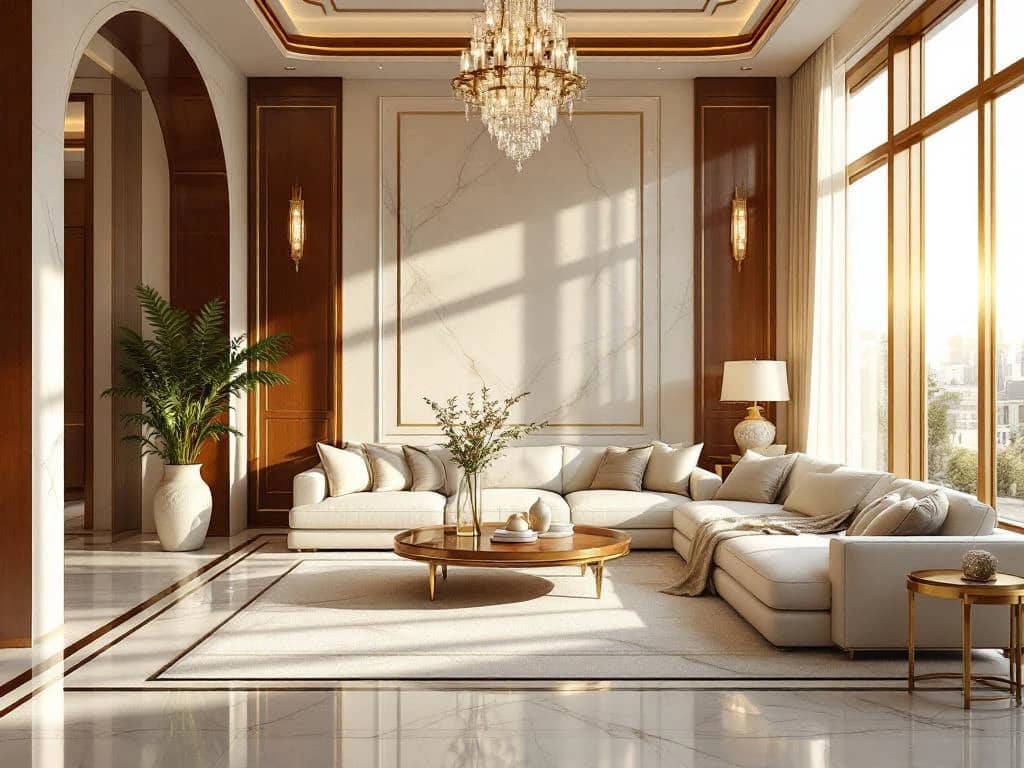 Luxe woonkamer met marmeren vloer, walnotenhout panelen, crème leren meubels en kristallen kroonluchter in gouden zonlicht