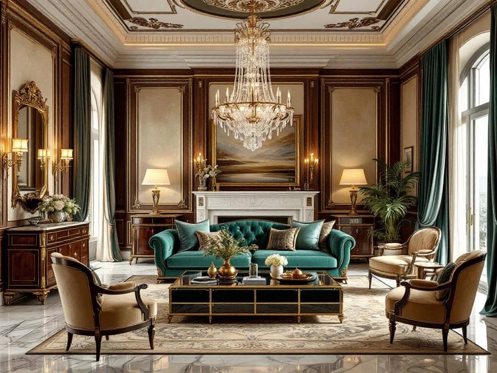 Luxe woonkamer met marmeren oppervlakken, walnotenhout lambrisering, fluwelen meubilair en kristallen kroonluchter