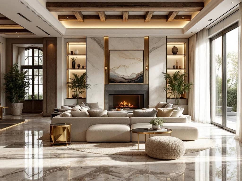 Luxe woonkamer met marmeren vloer, neutrale bank, houten balken, travertin muur en elegante gordijnen bij grote ramen.