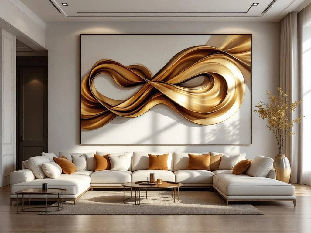 Luxe moderne woonkamer met grote bronzen sculptuur als middelpunt, crème leren meubels en warme gouden verlichting