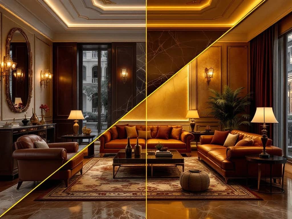 Luxe woonkamer gesplitst: tijdloze elegantie met marmer en leer tegenover vervaagde trendy elementen