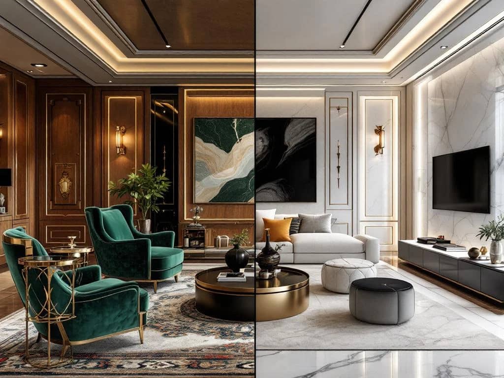 Luxe woonkamer met vintage-moderne mix: smaragdgroene Art Deco fauteuil links, minimalistische meubels rechts, gouden verlichting