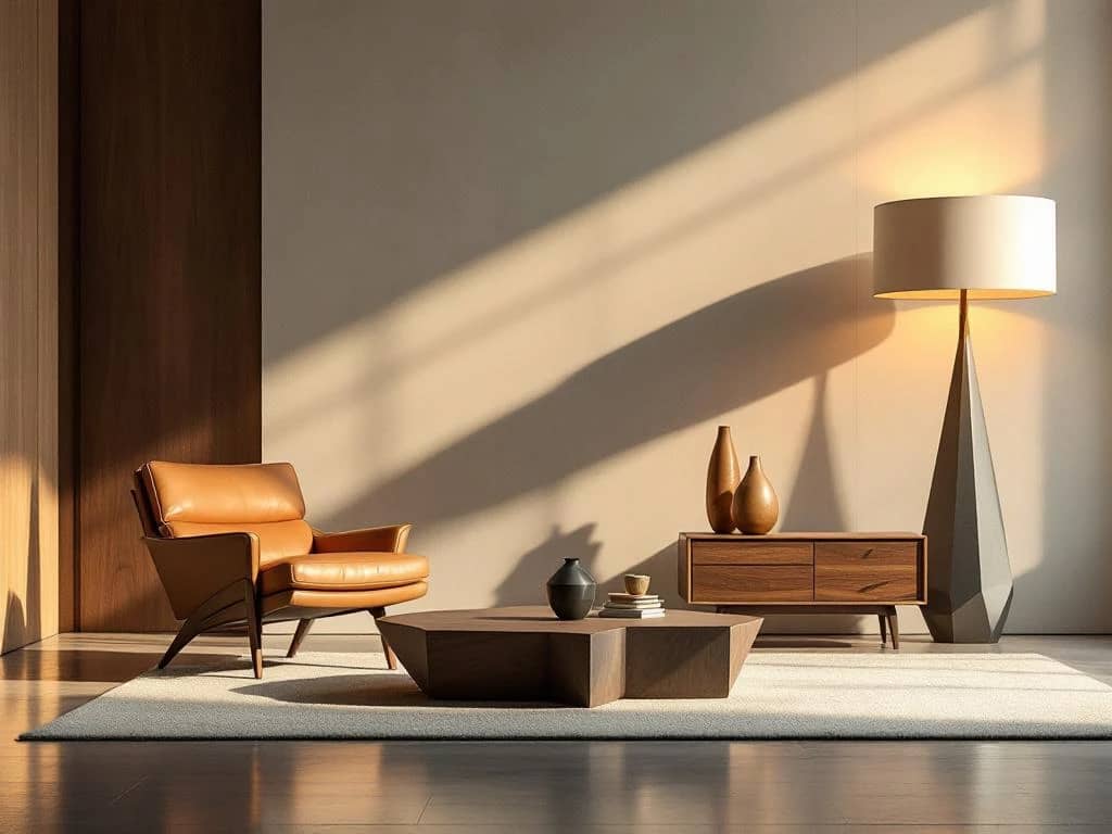 Elegante mid-century modern meubels met leren fauteuil, geometrische salontafel en sculptuurlamp in luxe interieur