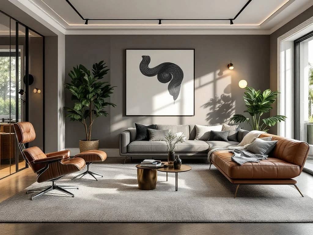 Luxe interieur met mid-century modern meubilair links en hedendaagse design rechts in neutrale kleuren