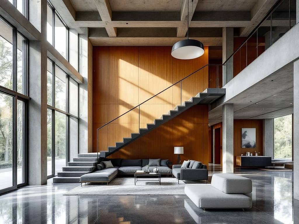 Moderne architecturale ruimte met betonnen balken, houten panelen, glazen wanden en zwevende trap als middelpunt