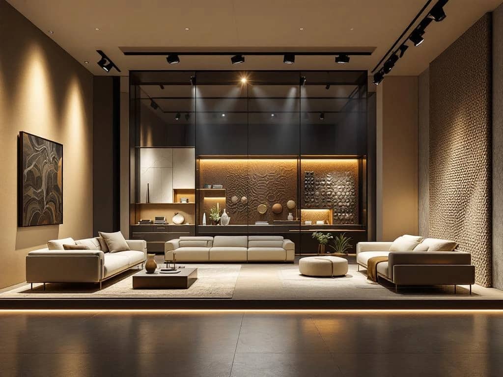 Moderne designbeurs met luxe meubelstukken, duurzame materialen en slimme technologie onder dramatische spotverlichting