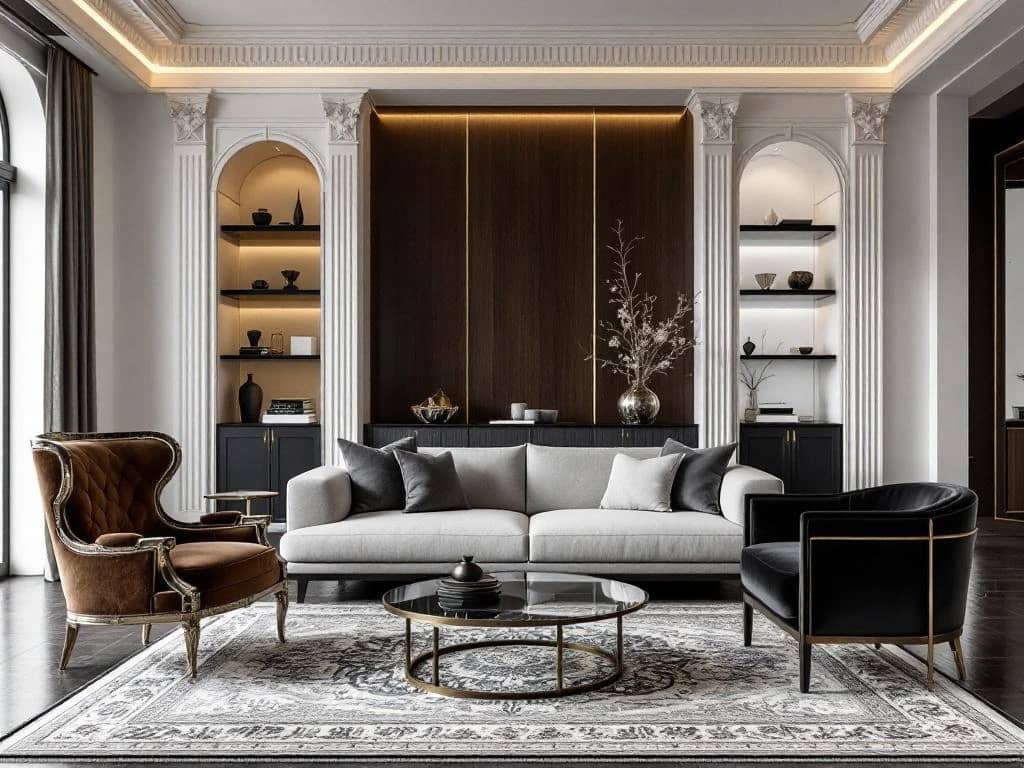 Elegante woonkamer met moderne glazen salontafel, klassieke fauteuil en eigentijdse bank op Perzisch tapijt