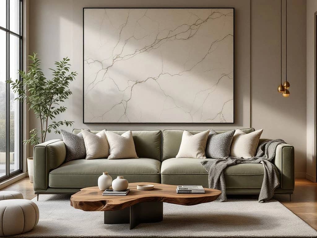 Luxe moderne woonkamer met saliegroen fluwelen bank, walnoten salontafel en travertijn wandpaneel in neutrale tinten