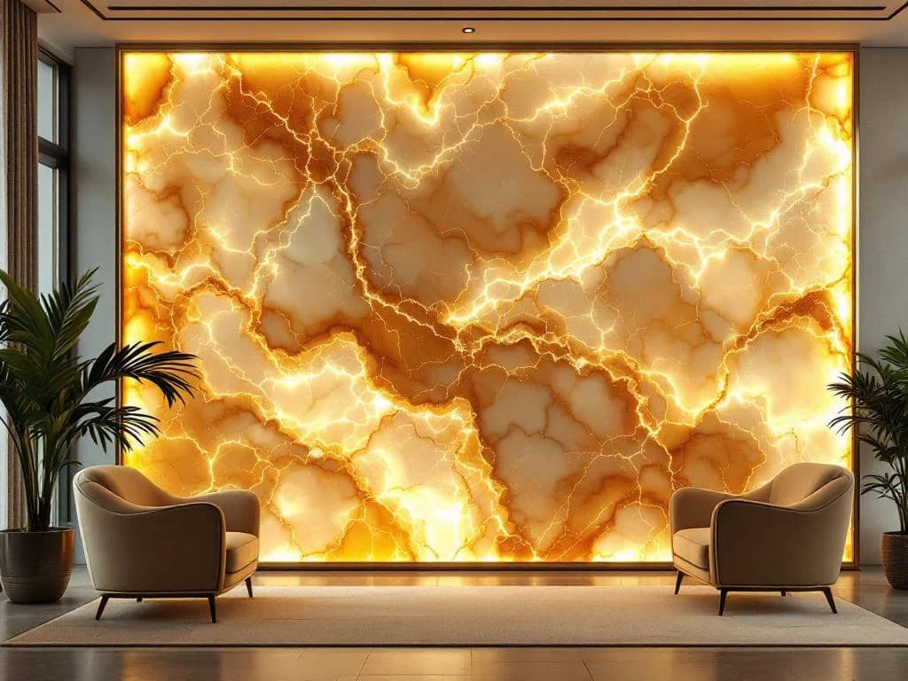 Luxe onyx wandpaneel met dramatische LED-verlichting toont natuurlijke aders in amber en goudtinten in moderne ruimte