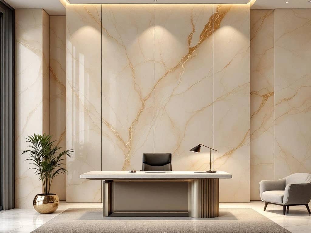 Luxe Venetiaans pleisterwerk met marmeren afwerking op crèmekleurige muur in moderne werkruimte met warme verlichting