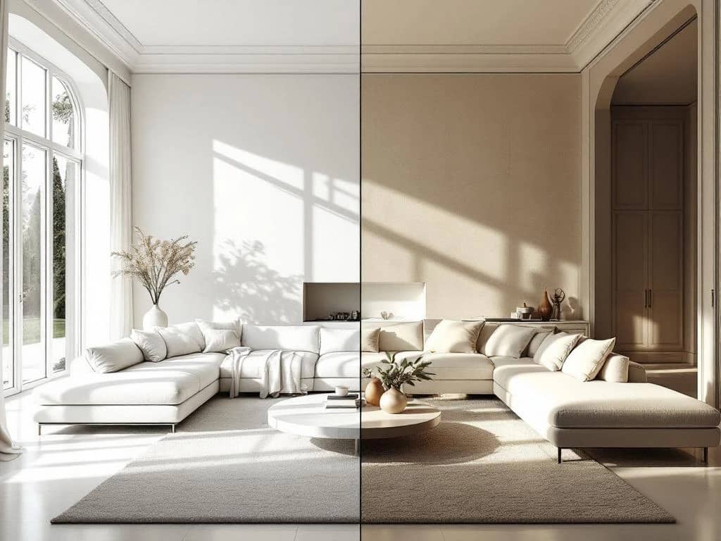 Luxe woonkamer toont evolutie van witte interieurs: strak wit minimalisme tegenover warme crème tinten met hout accenten