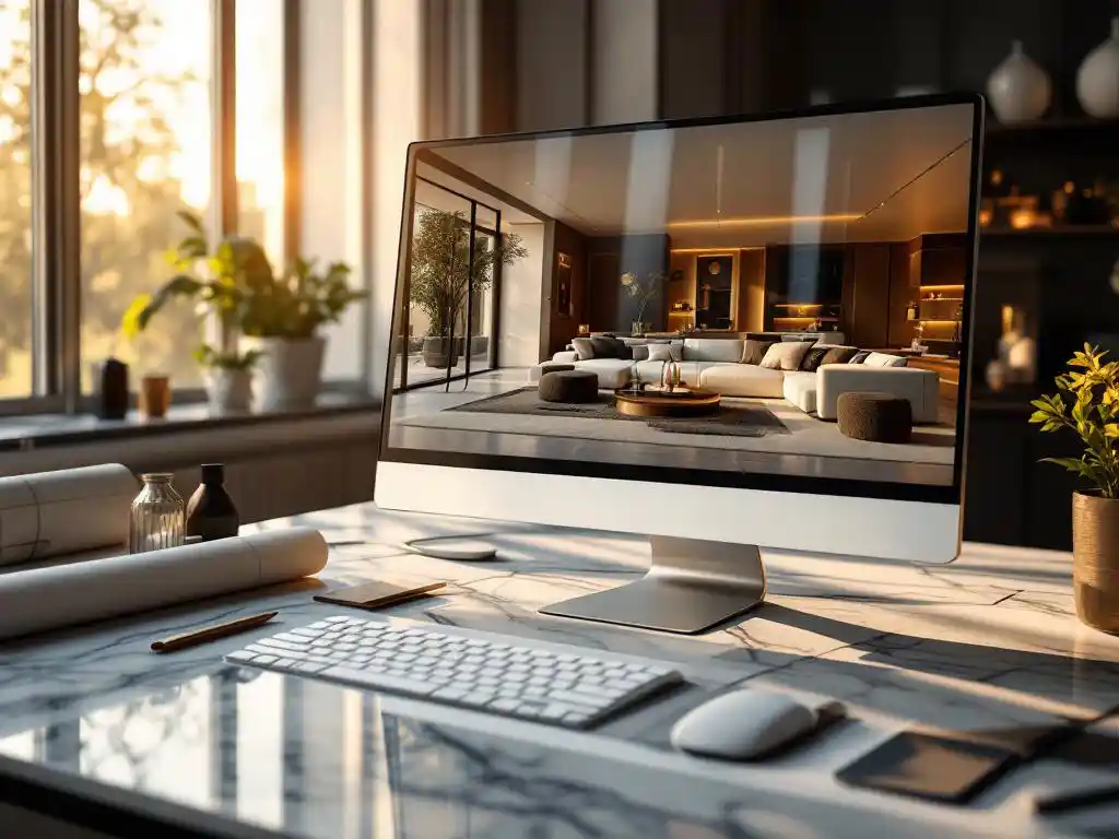 Computer monitor toont luxe 3D woonkamer rendering op marmeren bureau met architectuurtekeningen en materiaalstalen in warm gouden licht