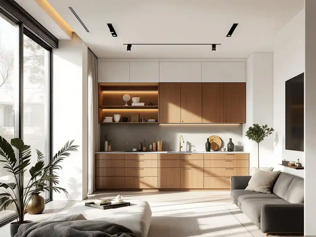 Moderne appartement met half geïnstalleerde inbouwkasten van warm walnotenhout en geborsteld messing beslag