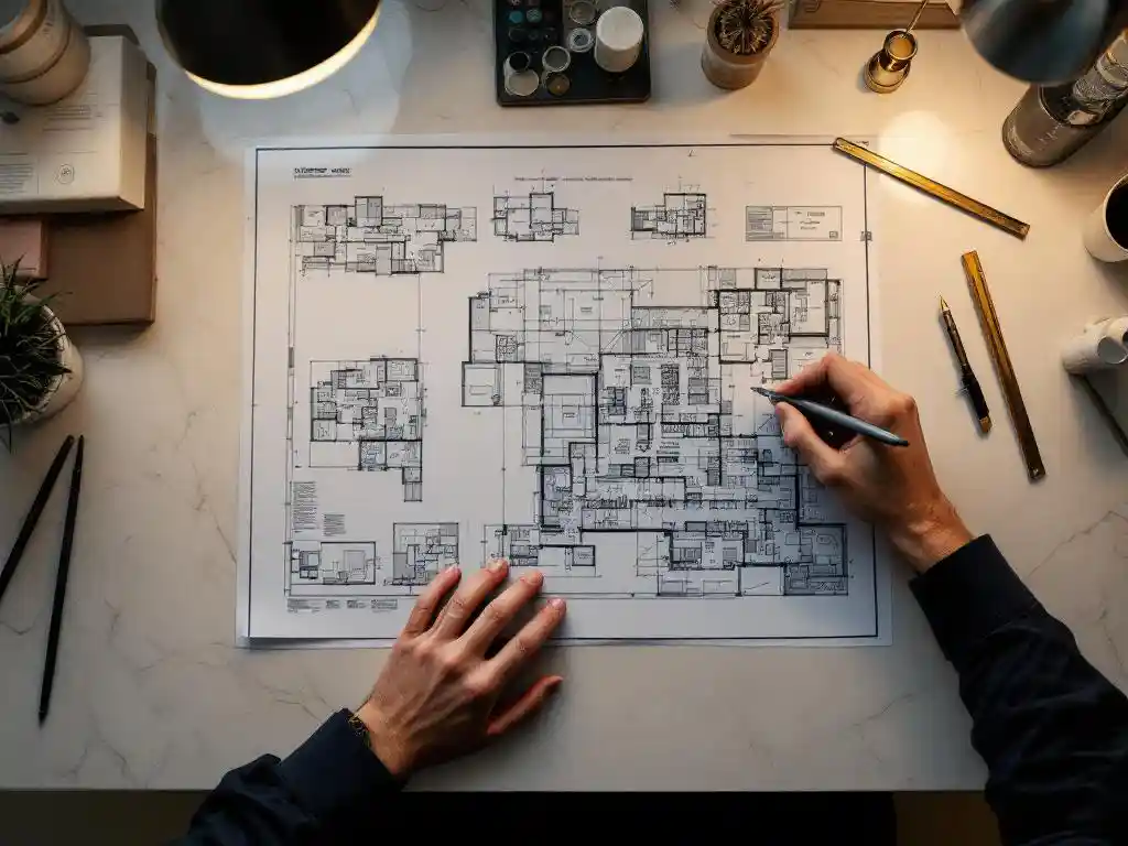 Architectenhand bestudeert blauwdrukken op marmeren tekentafel met gereedschap en moderne lamp