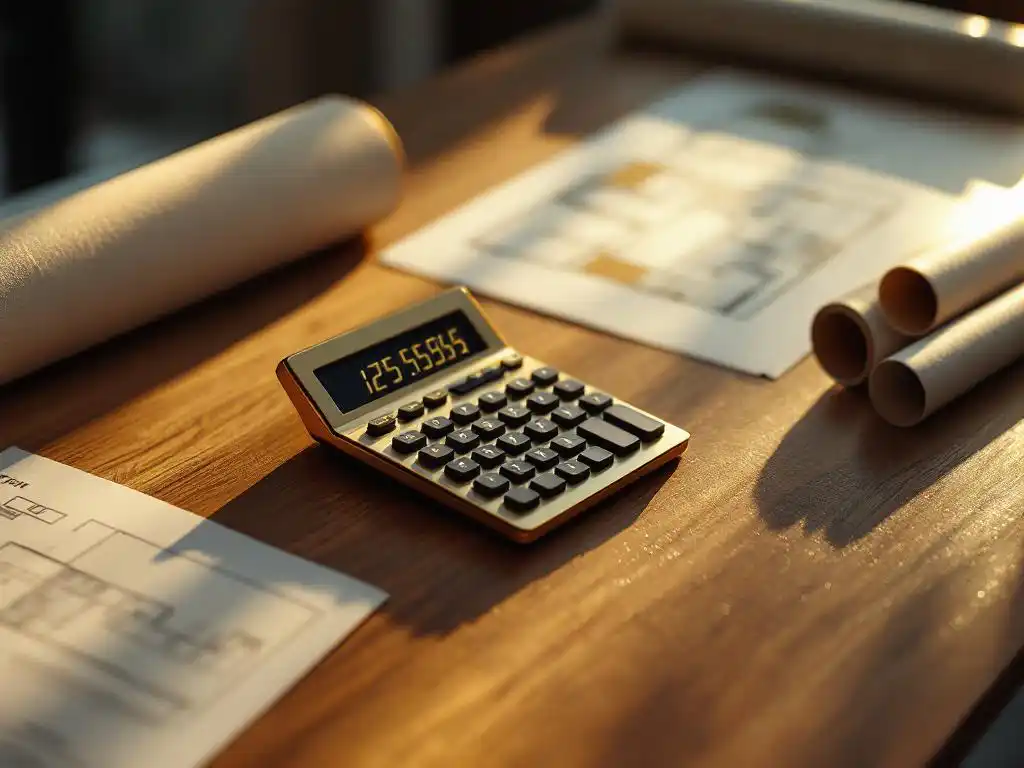 Elegante messing rekenmachine op architectenbureau met luxe stoffenstalen, materiaalmonsters en bouwtekeningen in warm zonlicht