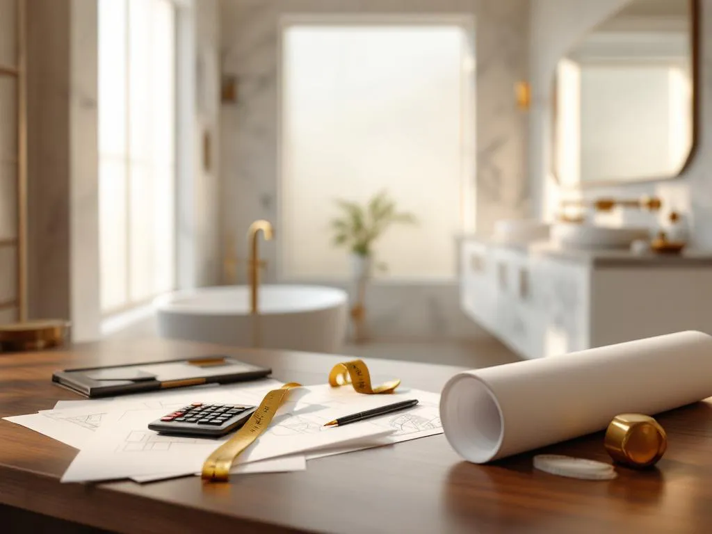 Luxe moderne badkamer met marmeren werkbladen en gouden armaturen, bouwplannen en materiaalstalen op houten bureau met rekenmachine en meetlint
