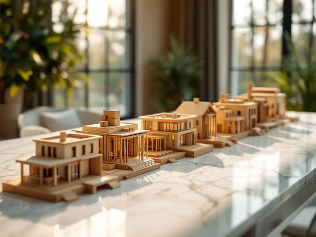 Houten bouwfase modellen op wit marmeren bureau tonen voortgang van fundering tot luxe interieur met warm natuurlijk licht