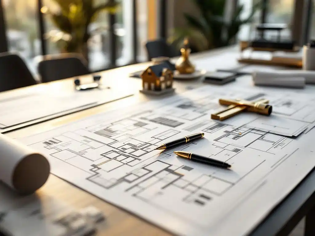 Architectuurtekentafel met bouwvergunningen, blauwdrukken, luxe pen op plattegronden, messing meetinstrumenten en schaalmodel