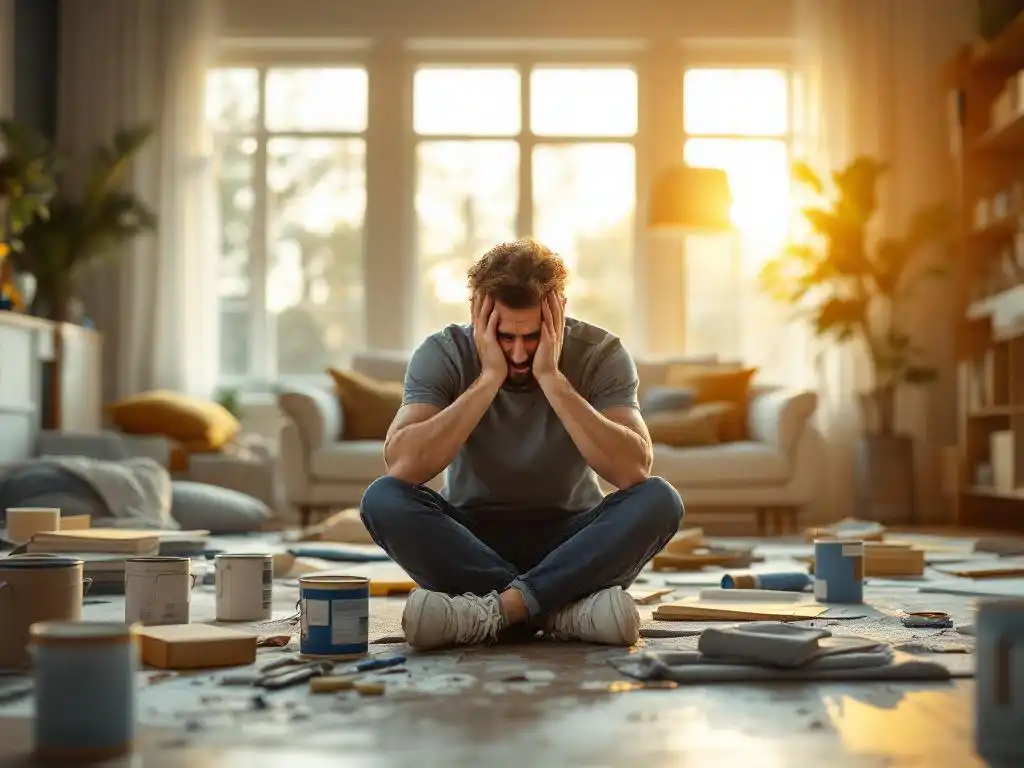 Gefrustreerde huiseigenaar zit tussen DIY-gereedschap en verfblikken met professioneel ingerichte woonkamer op achtergrond