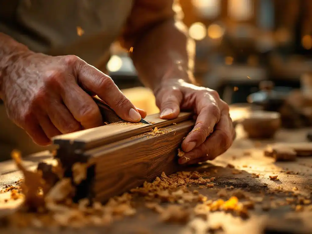 Ambachtsman vormt ingewikkelde houten lijst met traditioneel gereedschap op gepolijste walnotenhouten werkbank