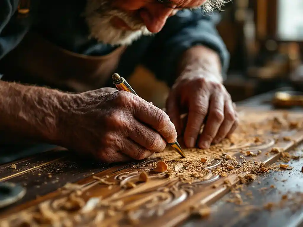 Meesterambachtsman snijdt ingewikkelde details in notenhout paneel, met krullende houtspaanders en fluwelen bekleding op achtergrond