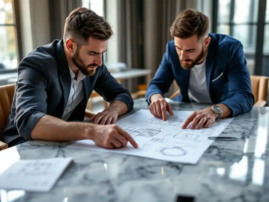 Interieurontwerper en aannemer bespreken bouwplannen aan marmeren vergadertafel in luxueus modern kantoor