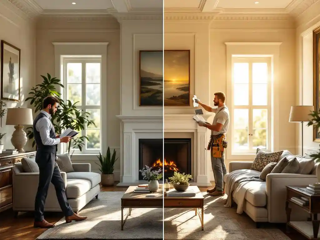 Luxe woonkamer met interieurontwerper die stoffen selecteert en aannemer die kroonlijsten installeert, mahoniehout meubilair