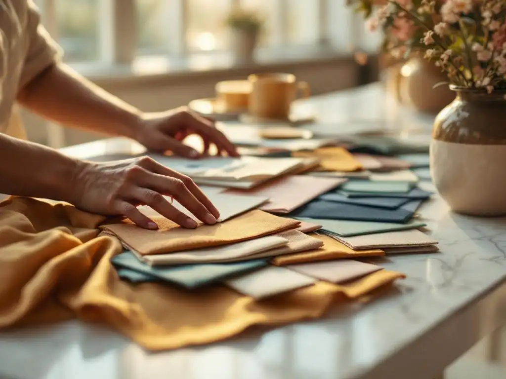 Interieurontwerper rangschikt luxe stofstalen en verfmonsters in juwelentinten op wit marmeren bureau bij raamlicht