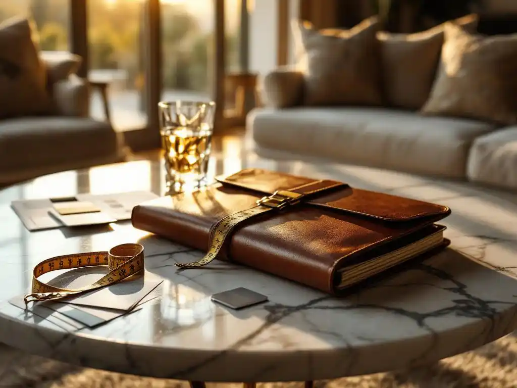 Luxe leren portfolio en meetlint op marmeren salontafel met stoffenstalen en verfkleurstalen in gouden uurtje licht