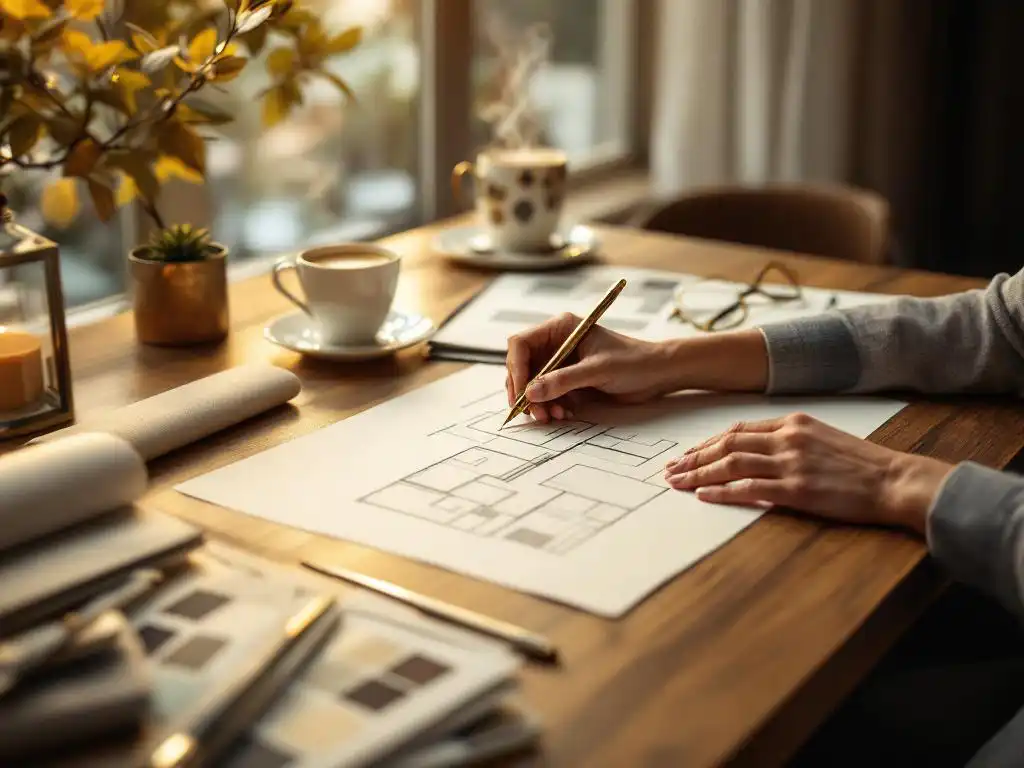 Professionele interieurontwerper schetst kamerindelingen op crèmekleurig papier aan walnotenhouten bureau met stoffenstalen