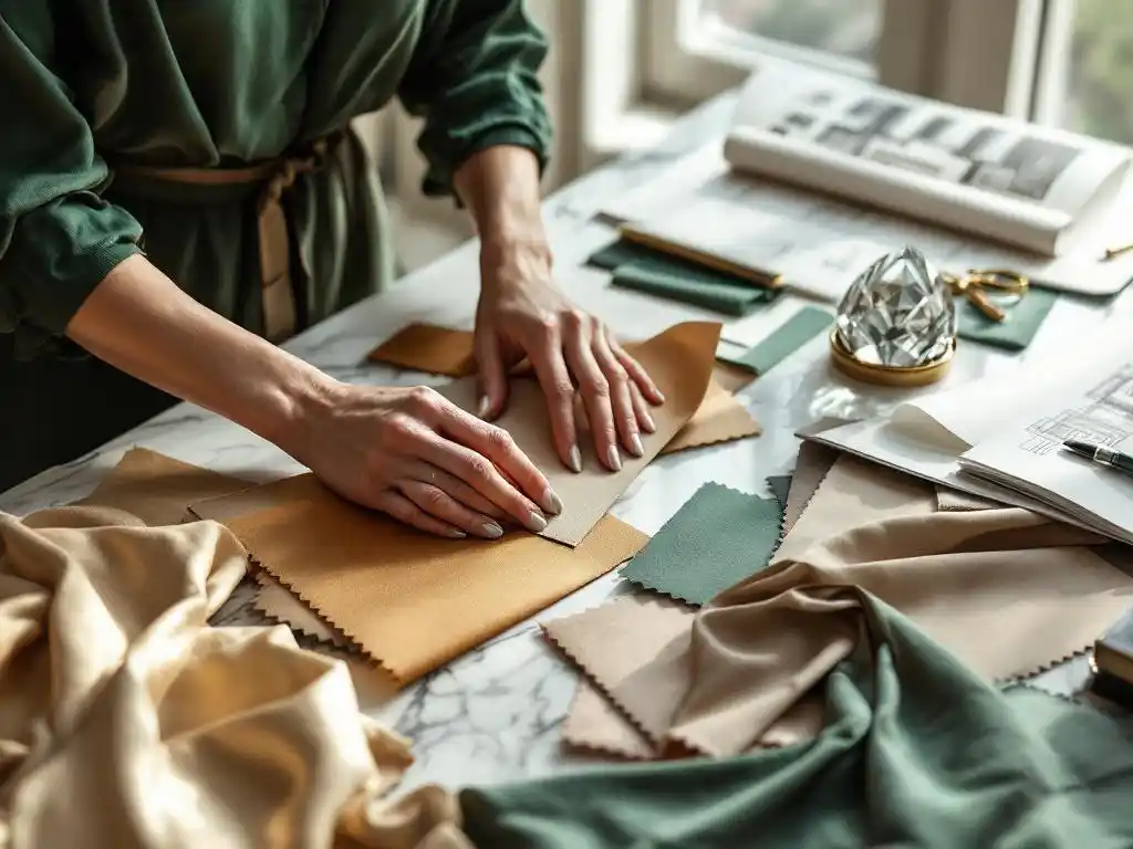 Interieurontwerper rangschikt luxe stoffen en materiaalstalen op marmeren bureau met architecturale schetsen