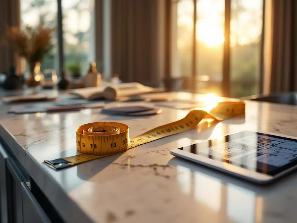 Luxe meetlint op marmeren aanrecht met stoffenstalen, kleurmonsters en tablet met plattegronden in gouden zonlicht